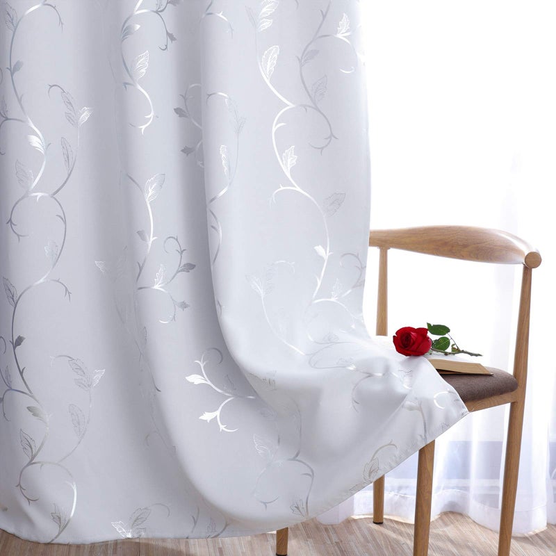 BUHUA Greyish White Curtains Shinny Silver Vine Print Design Blackout Window Curtains for Nursery 38Wx72L Set of 2 Panels - Image 4